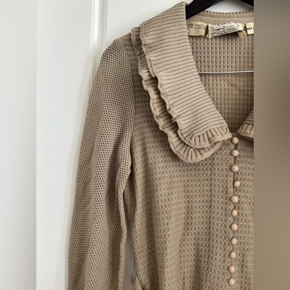 Vintage 100% Pure Wool Midi Dress Bib Collar Neutral French Sezane Vibes S M - Picture 6 of 7